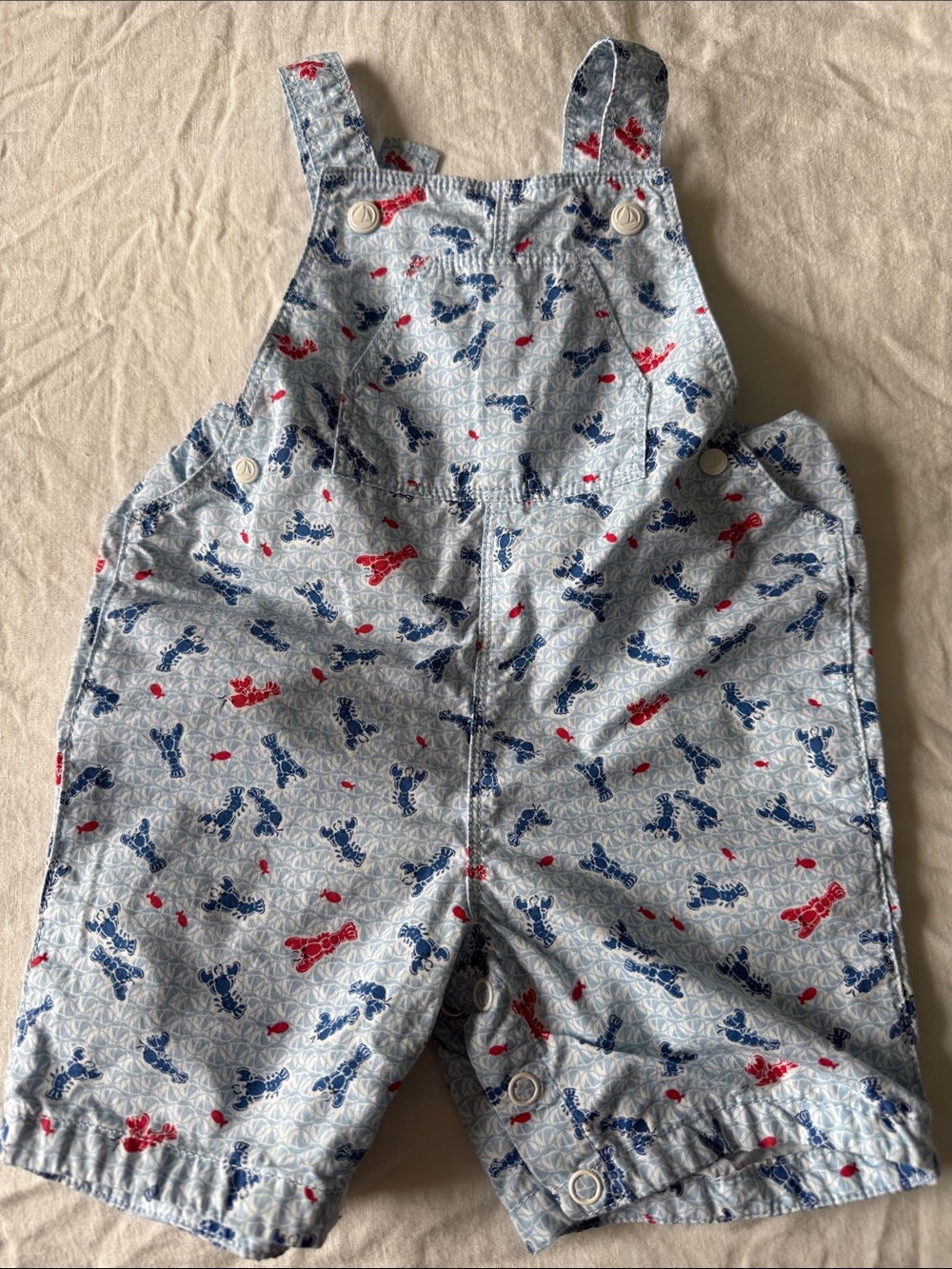 Petit Bateau Light Blue Overalls with Red & Navy Animal Print